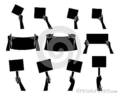 Hand collection. Hands holding signs and blanks. Black silhouette Vector Illustration